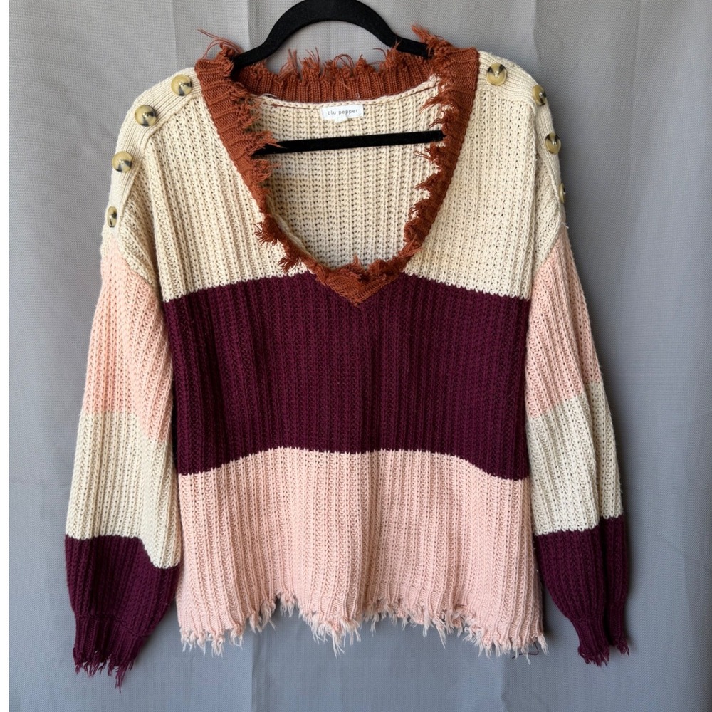 Blu Pepper Distressed Colorblock Autumn Grunge Sweater Cream Burgundy Pink Small